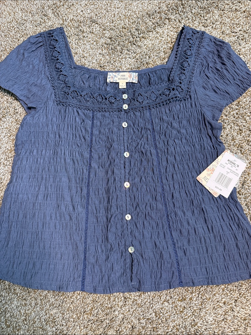 Pink Republic Navy Crinkle Cotton Button-Front Square Neck Blouse